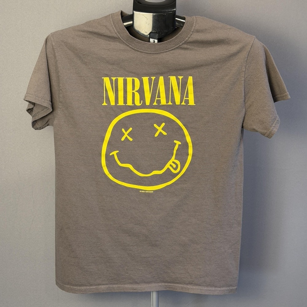 Nirvana Smiley Face Shirt Mens Small Gray Gildan Graphic‎ Band Music Logo Tee